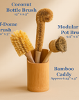 Set of plastic-free cleaning brushes in a bamboo caddy with dimensions labeled on a beige background.
