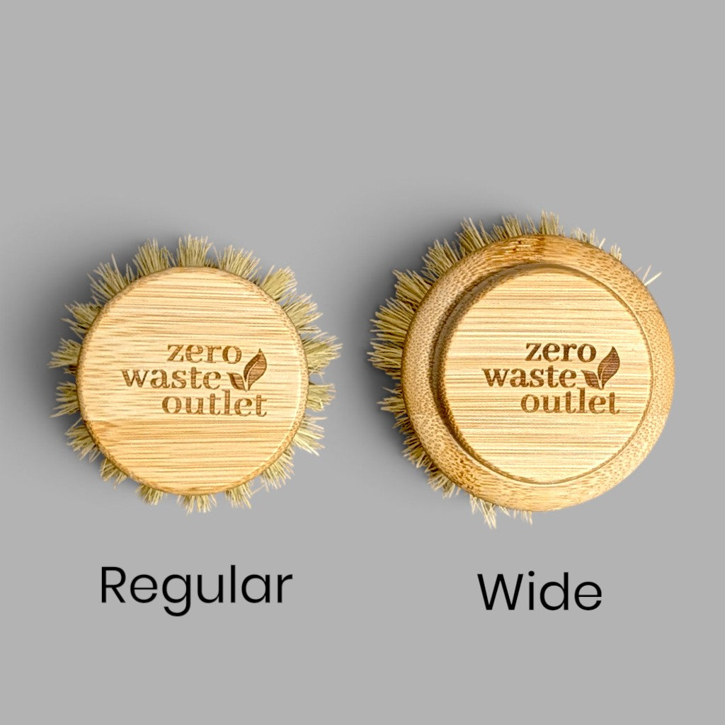 Compact vs wide Long Handle Pot Brush replacement heads, labeled side by side