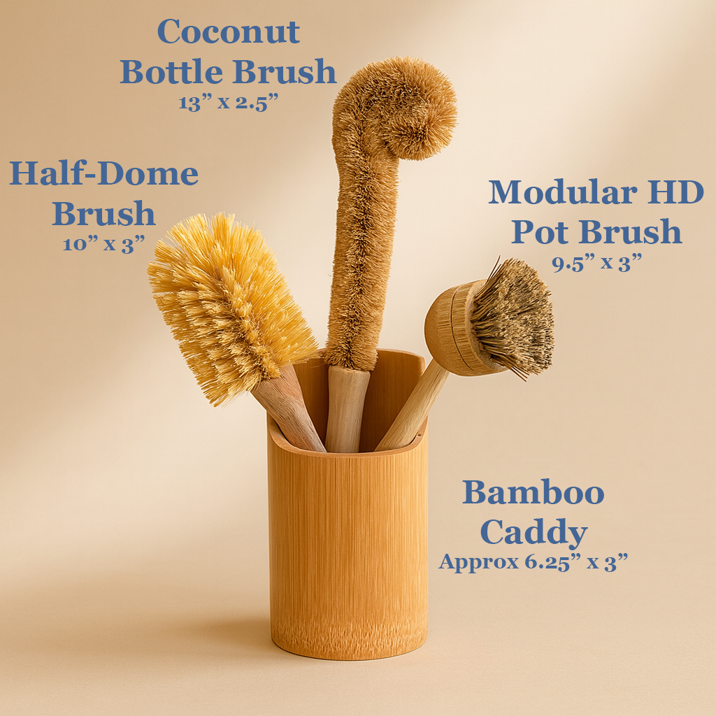 Set of plastic-free cleaning brushes in a bamboo caddy with dimensions labeled on a beige background.