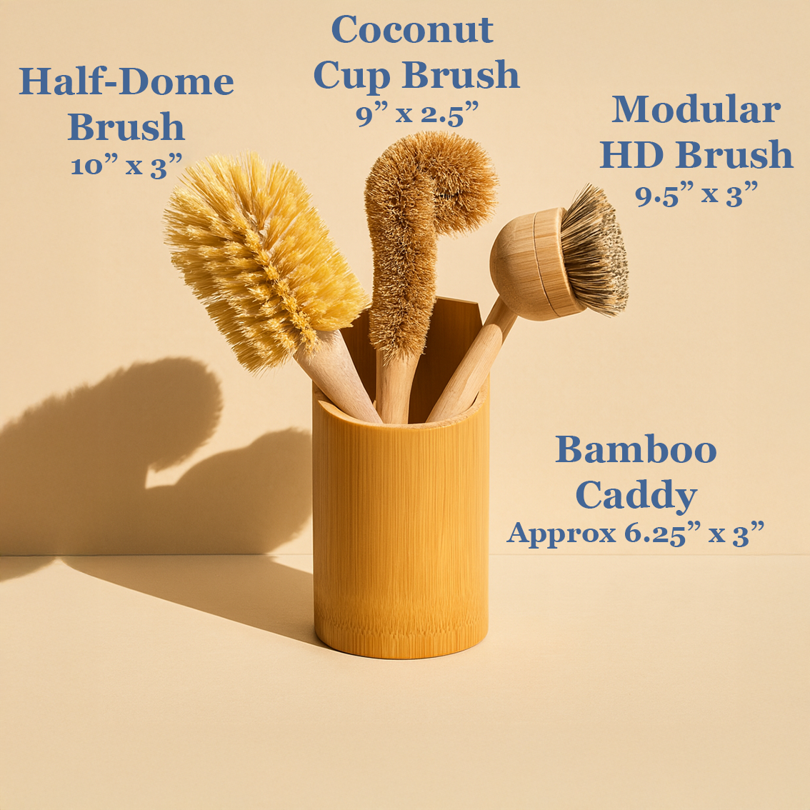 Set of eco-friendly cleaning brushes in a bamboo caddy with dimensions labeled on a beige background