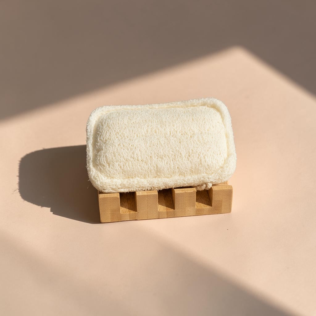 Zero Waste Outlet natural bamboo soap dish with angled slats and non-slip silicone pads, holding a white loofah sponge.