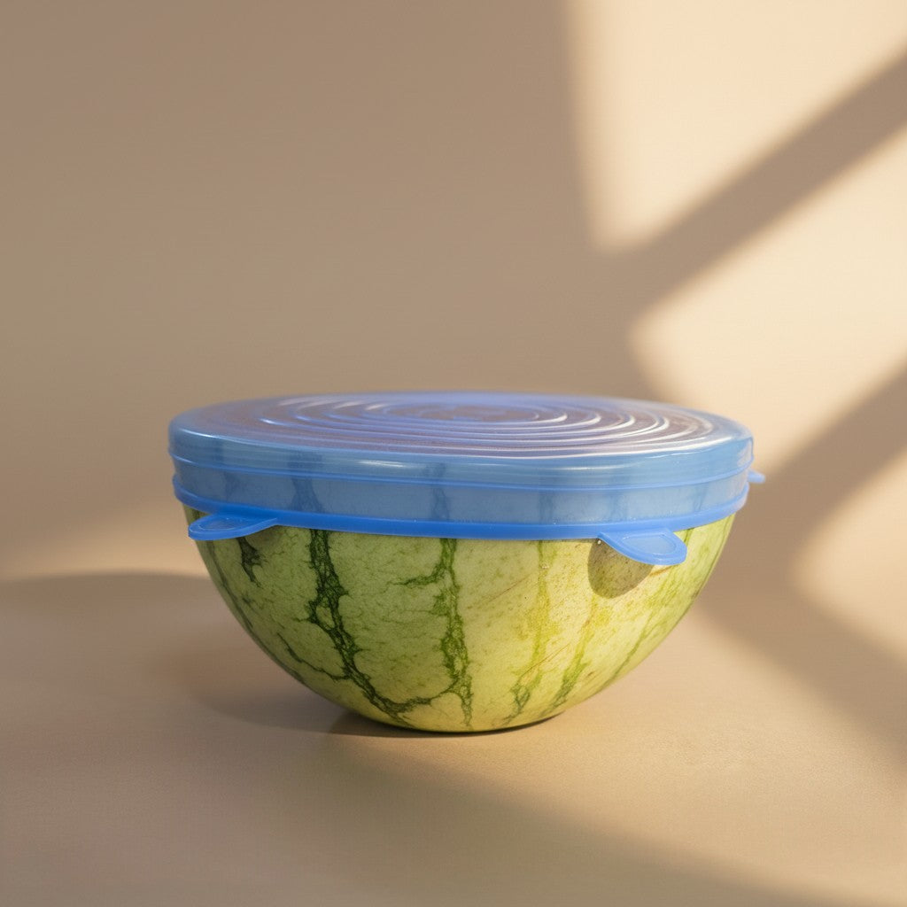 Zero Waste Outlet blue silicone stretchy lid covering a half-cut watermelon on a neutral background.