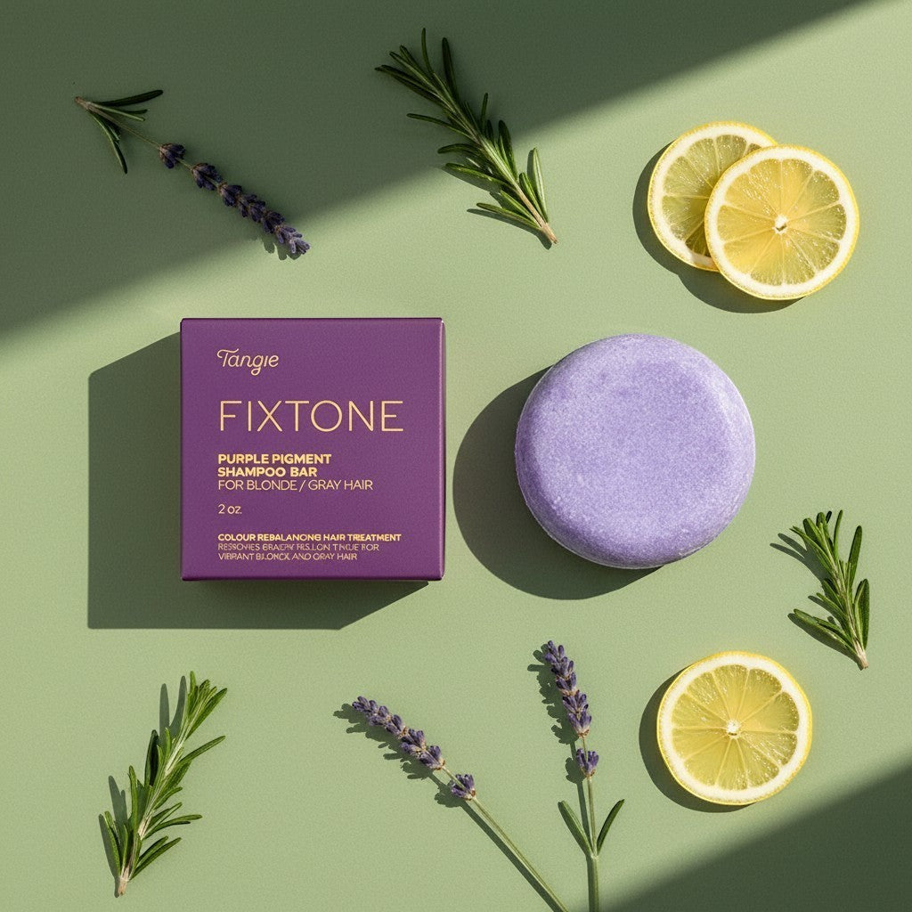 Zero Waste Outlet TANGIE Fixtone purple pigment shampoo bar for blonde/gray hair, removes brassy tones. 2 oz.
